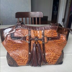 Brown Crocodile Embossed Shoulder Bag with Tassels